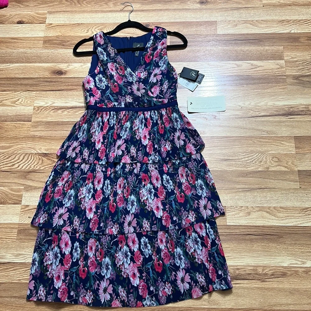 Adrianna Papell floral pleated tiered layers midi dress size 6P - Picture 3 of 16